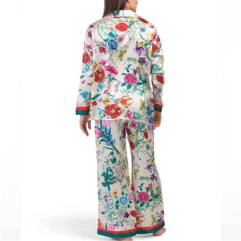 Dalia MacPhee White Field Poppy Satin Pajama Set Size Large Long Sleeve - Picture 2 of 9